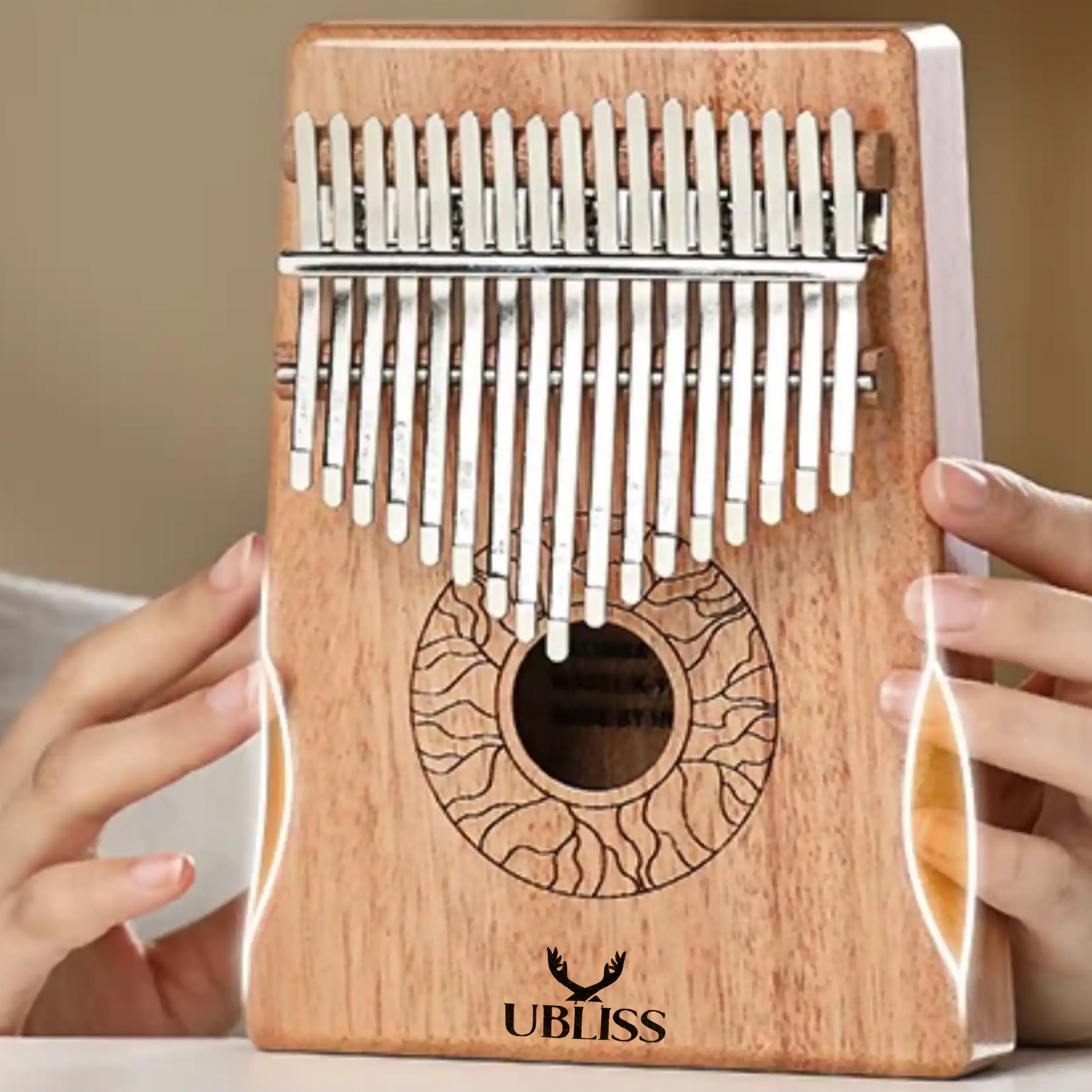 UBliss Kalimba 17 Key Mahogany Wood Thumb Piano | Soft Melodic Tone | Carry Bag & Learning Guide | Portable Musical Instrument for Relaxation, Meditation & Beginners.