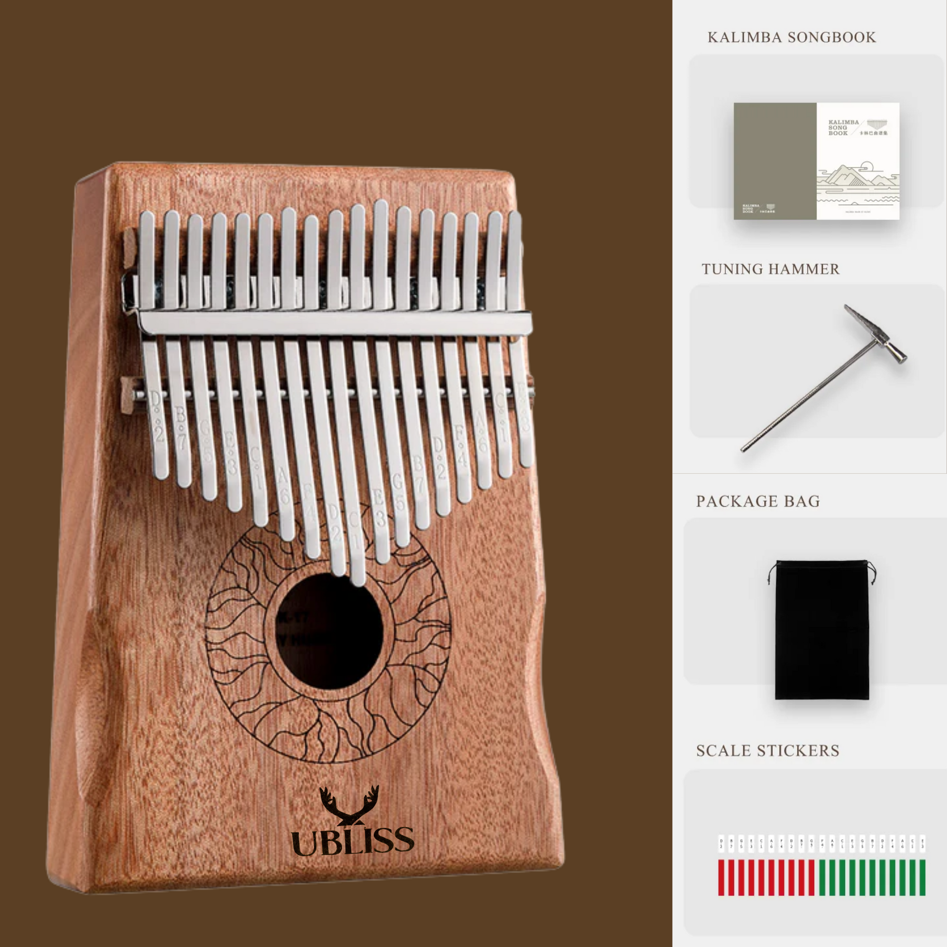 UBliss Kalimba 17 Key Mahogany Wood Thumb Piano | Soft Melodic Tone | Carry Bag & Learning Guide | Portable Musical Instrument for Relaxation, Meditation & Beginners.