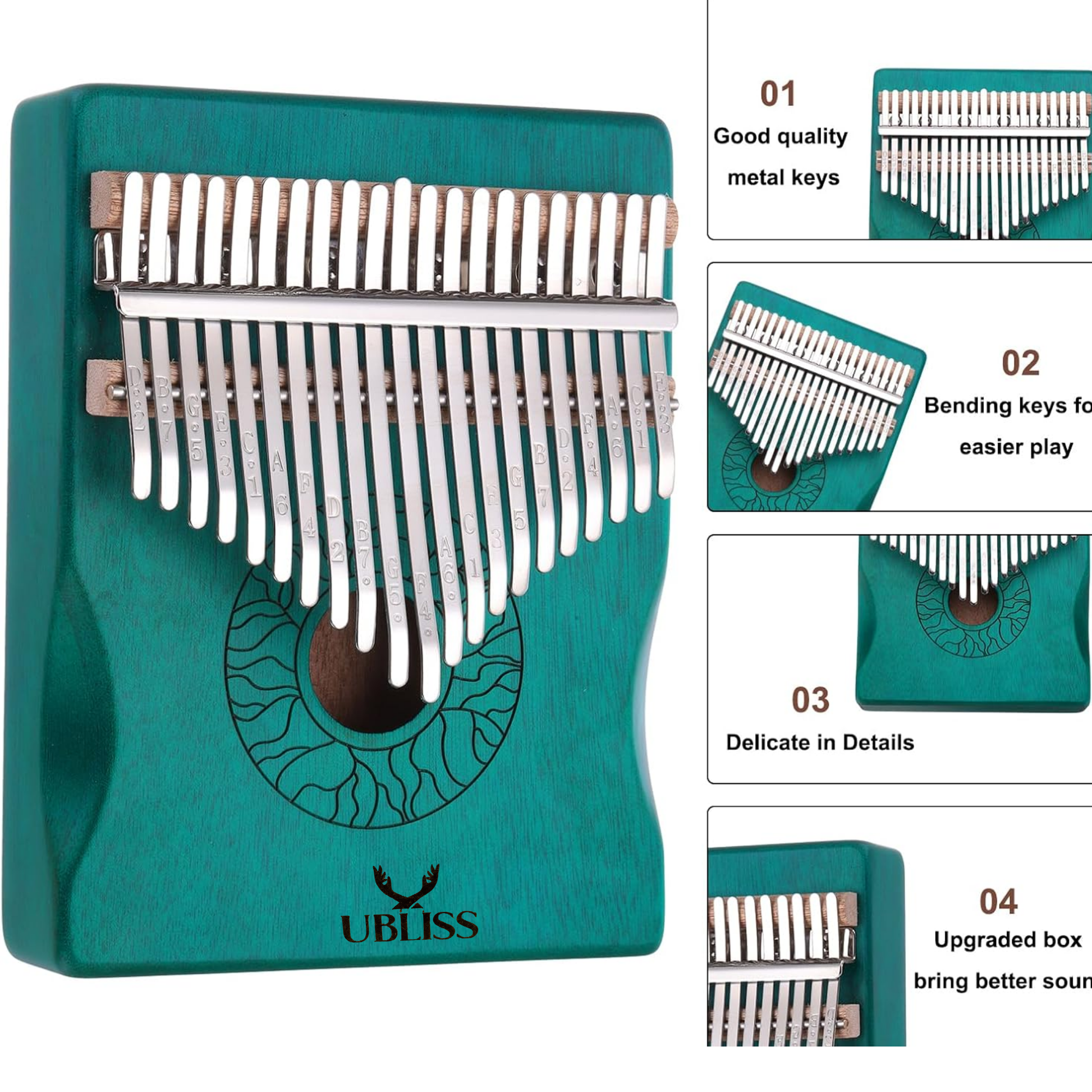 UBliss Kalimba 21 Key Mahogany Wood Thumb Piano | Blue Paint Color | Soft Melodic Tone | Carry Bag & Learning Guide | Portable Musical Instrument for Relaxation, Meditation & Beginners.