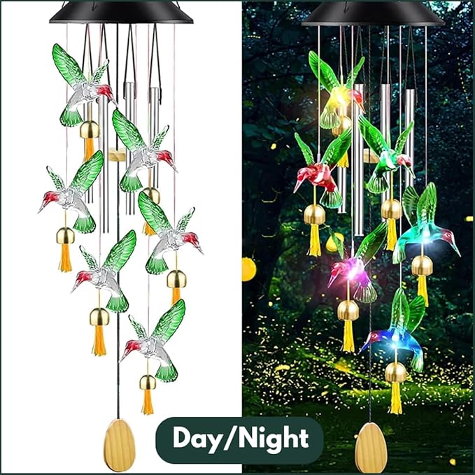UBliss Solar Hummingbird Wind Chime with Bells – Color-Changing LED Lights for Garden & Balcony Decor