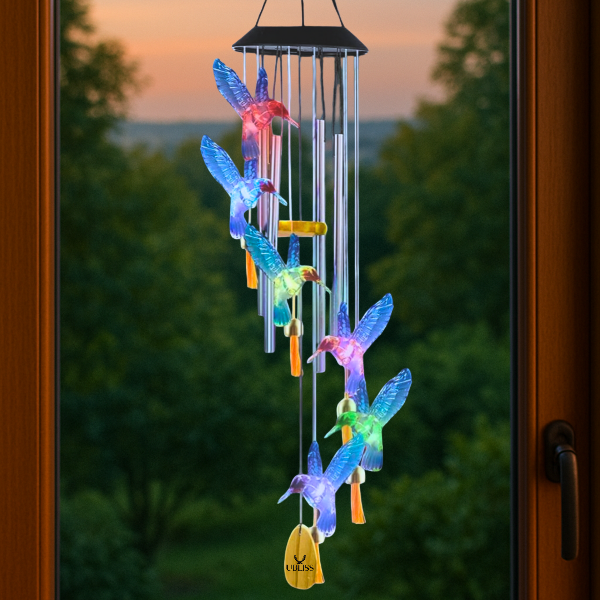 UBliss Solar Hummingbird Wind Chime with Bells – Color-Changing LED Lights for Garden & Balcony Decor