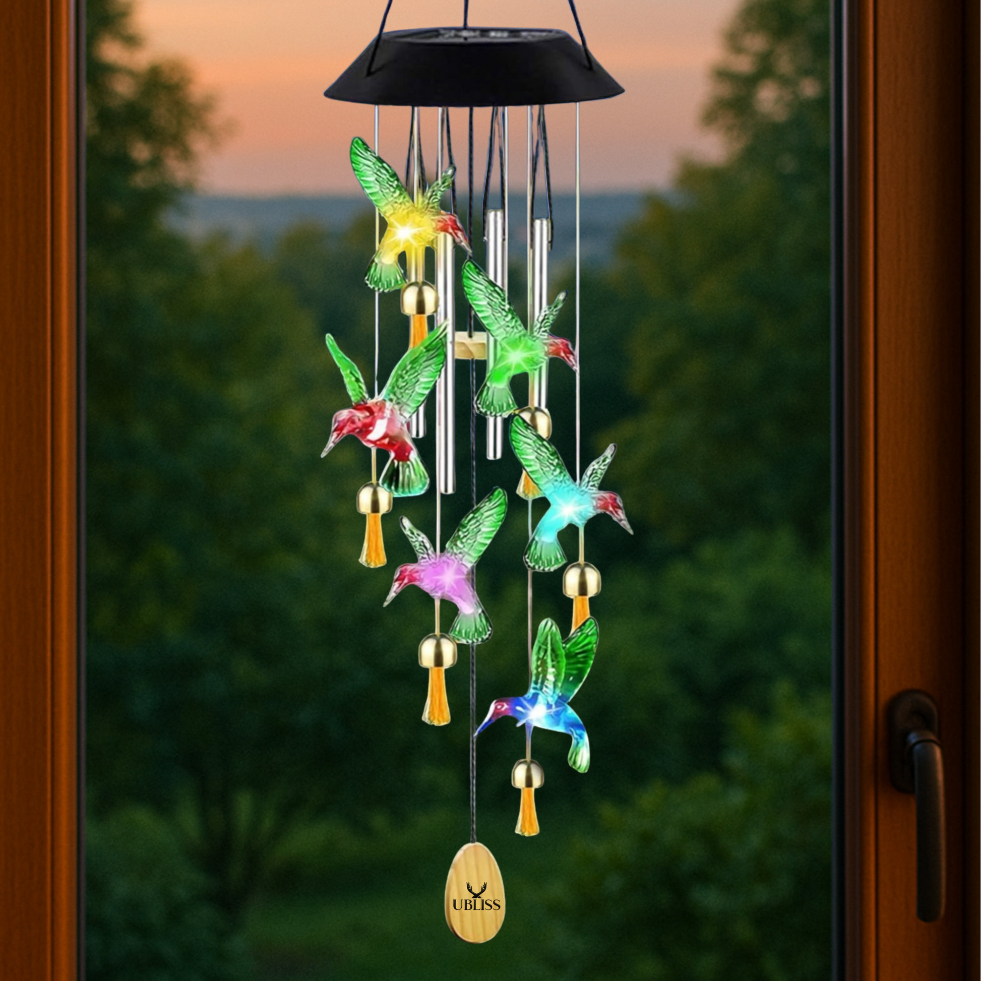 UBliss Solar Hummingbird Wind Chime with Bells – Color-Changing LED Lights for Garden & Balcony Decor
