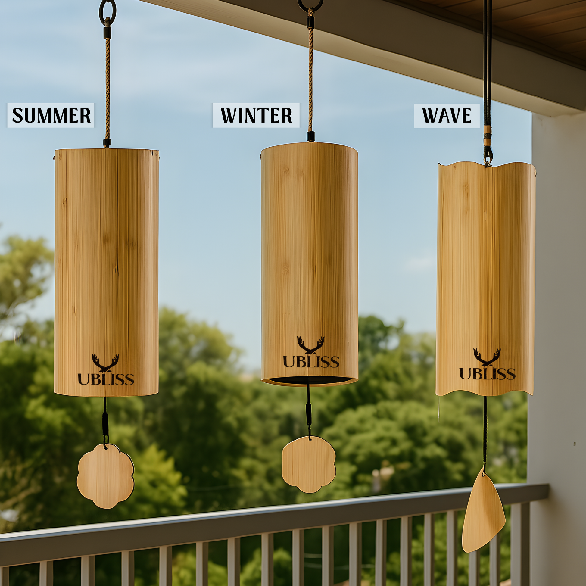 UBliss Musical Bamboo Wind Chime Combo Pack Of 3 (Summer + Winter + Wave) – Handcrafted Natural Chimes with Relaxing Sound, Perfect for Garden, Balcony, Meditation & Outdoor Home Decor