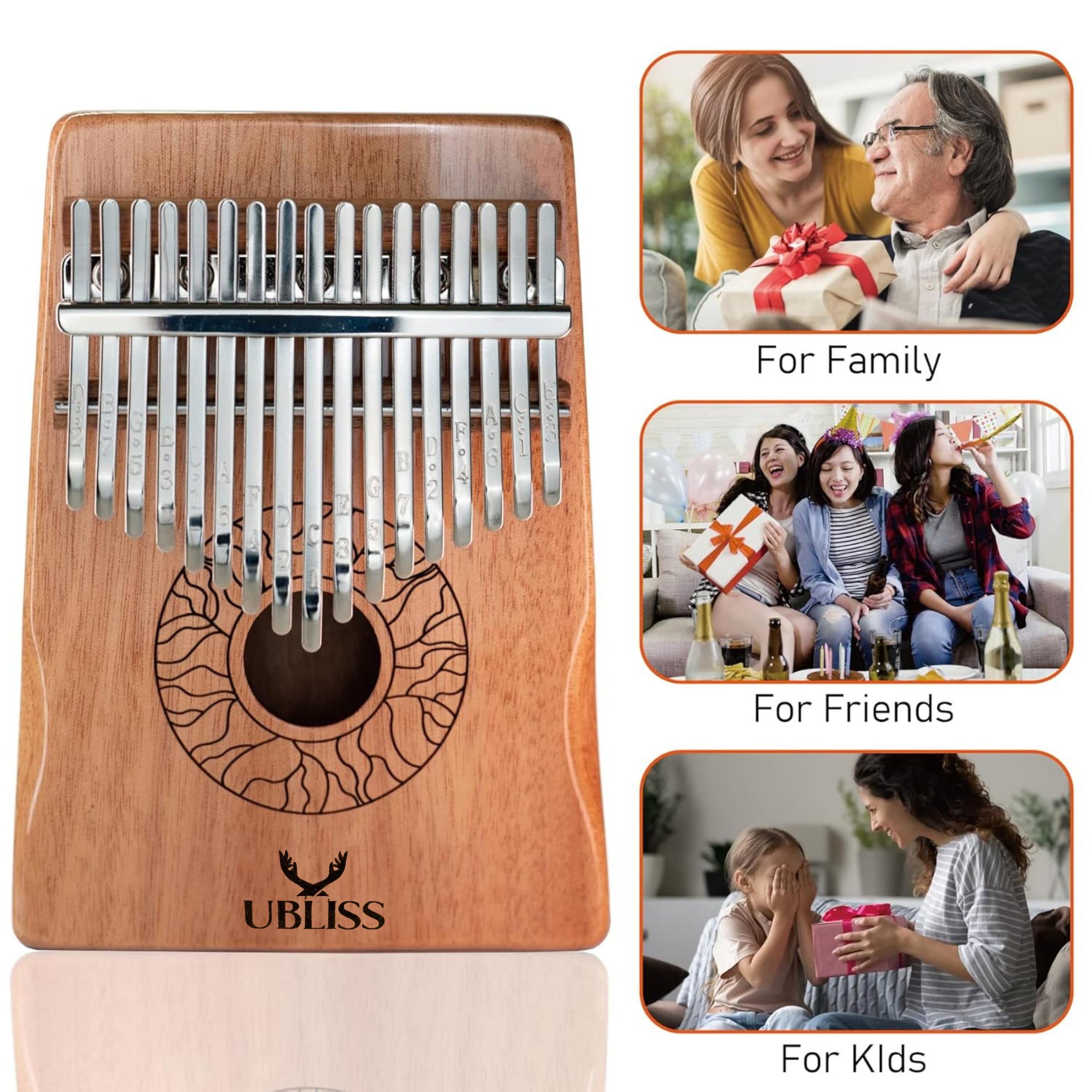 UBliss Kalimba 17 Key Mahogany Wood Thumb Piano | Soft Melodic Tone|  Portable Musical Instrument for Relaxation, Meditation & Beginners.
