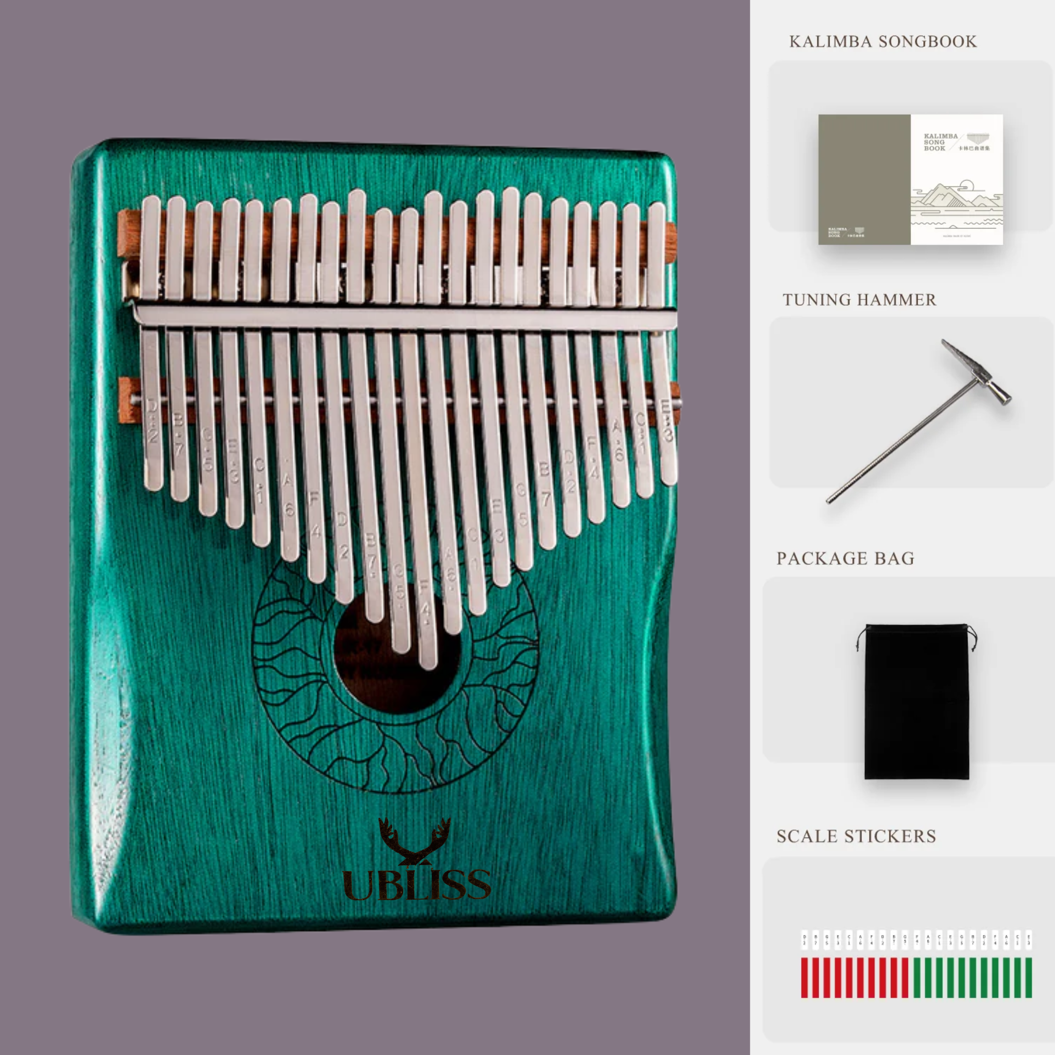 UBliss Kalimba 21 Key Mahogany Wood Thumb Piano | Blue | Soft Melodic Tone | Portable Musical Instrument for Relaxation, Meditation & Beginners.