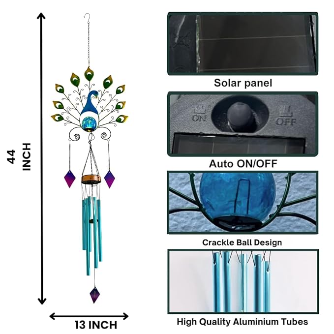 UBliss Peacock Wind Chime with Soothing Sound – Decorative Metal Art with Tuned Aluminum Pipes & Hanging Decoration for Balcony, Garden Or Patio Decor.