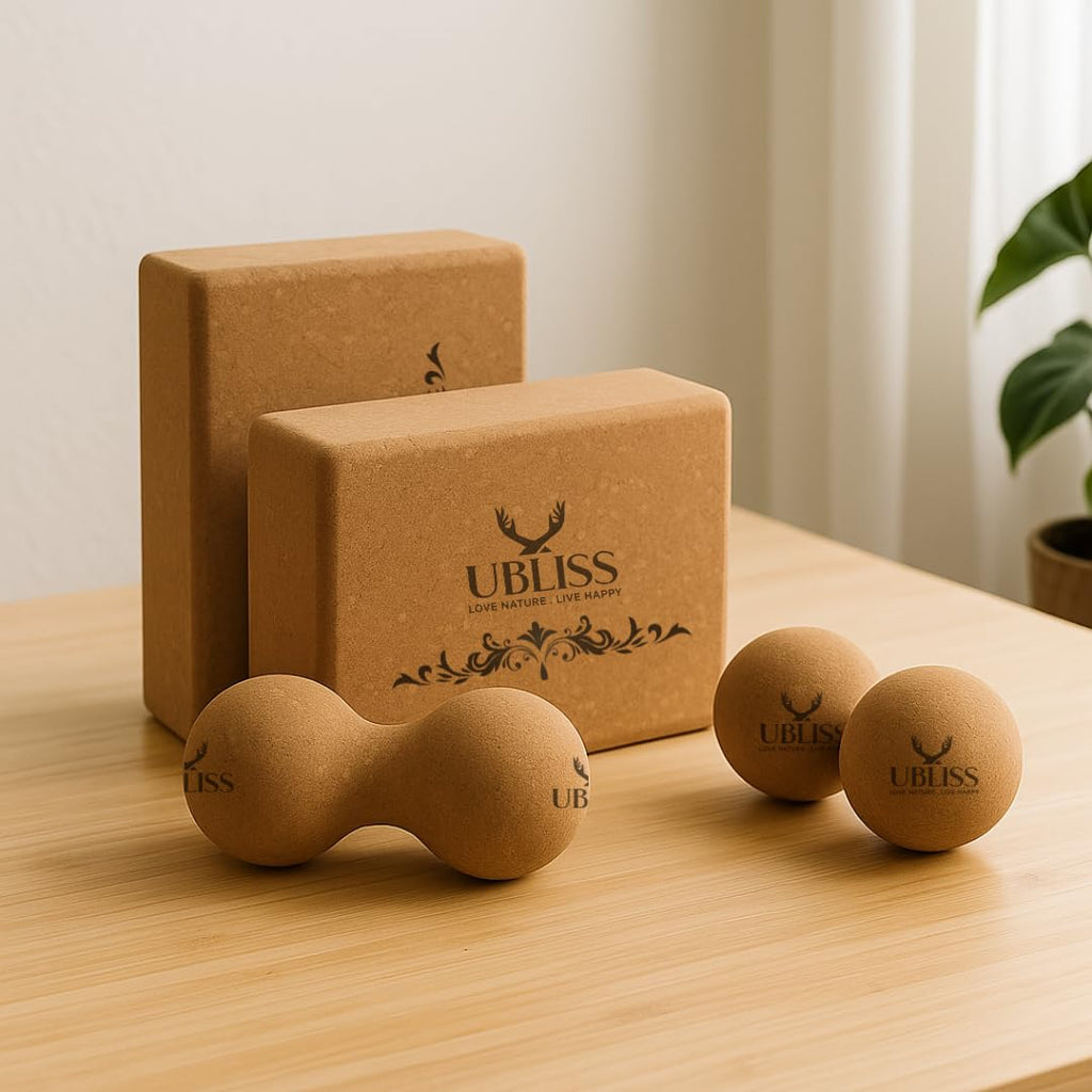 UBliss Premium Cork Set – 2 Blocks | 2 Massage Balls | 1 Peanut Massager Ball | Natural, Non-Slip & Eco-Friendly Yoga & Mobility Kit