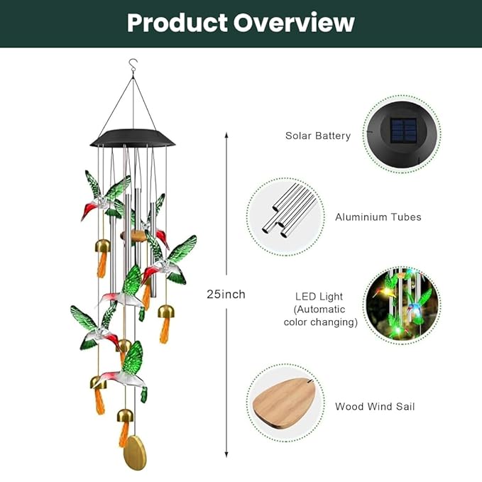 UBliss Solar Hummingbird Wind Chime with Bells – Color-Changing LED Lights for Garden & Balcony Decor