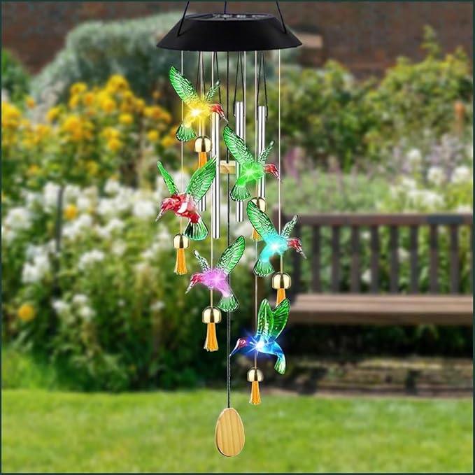UBliss Solar Hummingbird Wind Chime with Bells – Color-Changing LED Lights for Garden & Balcony Decor