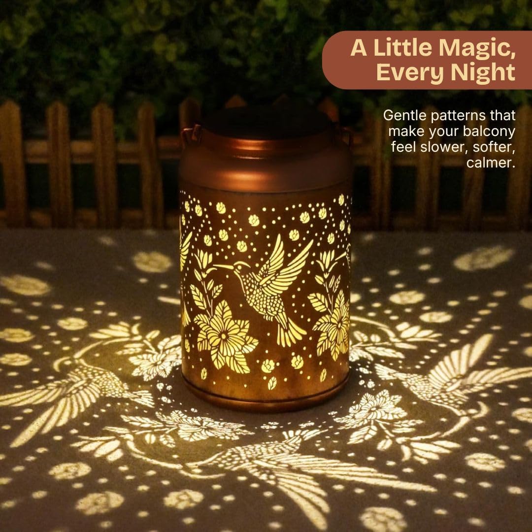 Solar Hanging Lantern Outdoor Waterproof, Metal Jar Light with Hummingbird Floral Cut Design