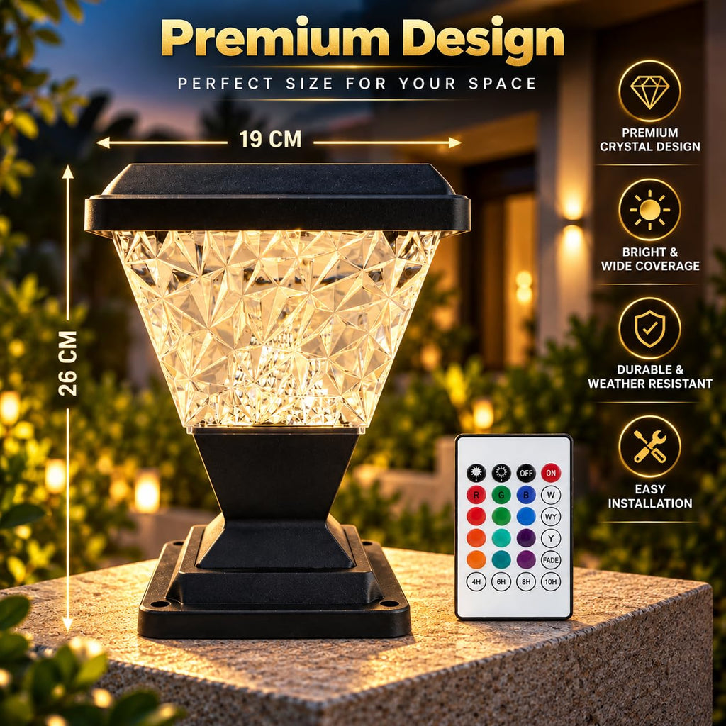RGB Solar Pillar Lamp with Remote Control P65 Waterproof, Auto On/Off Dusk to Dawn, Wireless Solar Lamp for Gate Post, Boundary Wall, Garden, Balcony