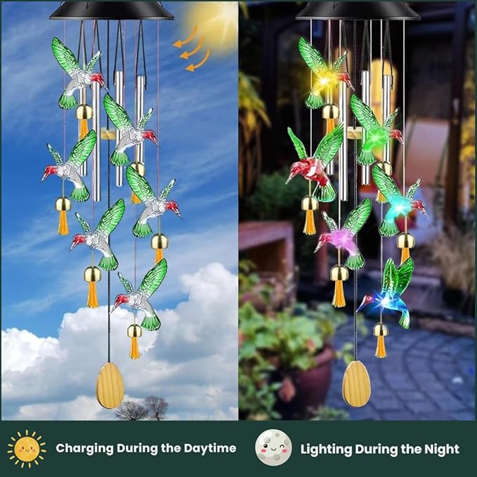 UBliss Solar Hummingbird Wind Chime with Bells – Color-Changing LED Lights for Garden & Balcony Decor