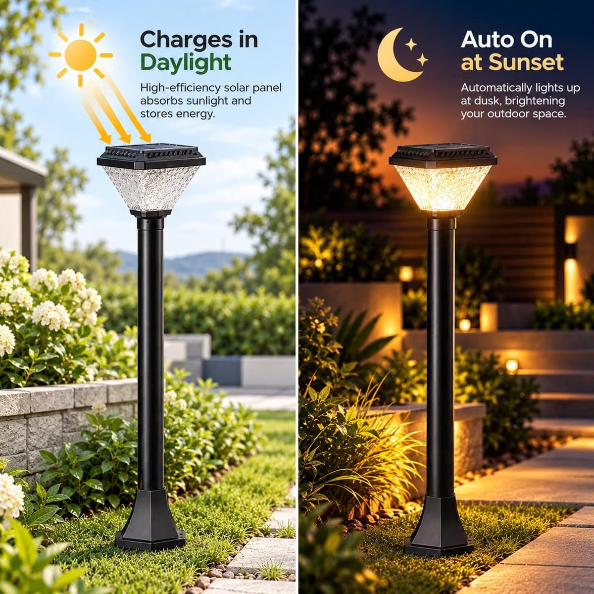 UBliss Solar LED Bollard Gate Lamp | Multi-Color & Warm White Pillar Lamp | Weatherproof for Outdoor,Garden & Entrance Light