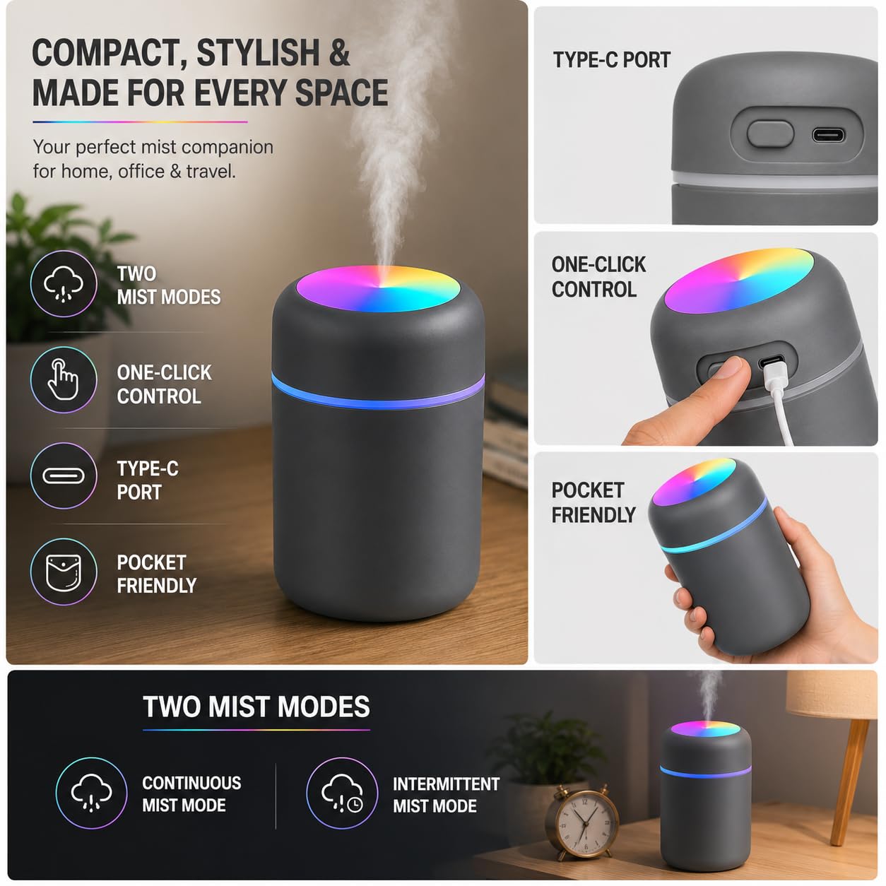Portable Humidifier with RGB Light | USB C Powered 300ml