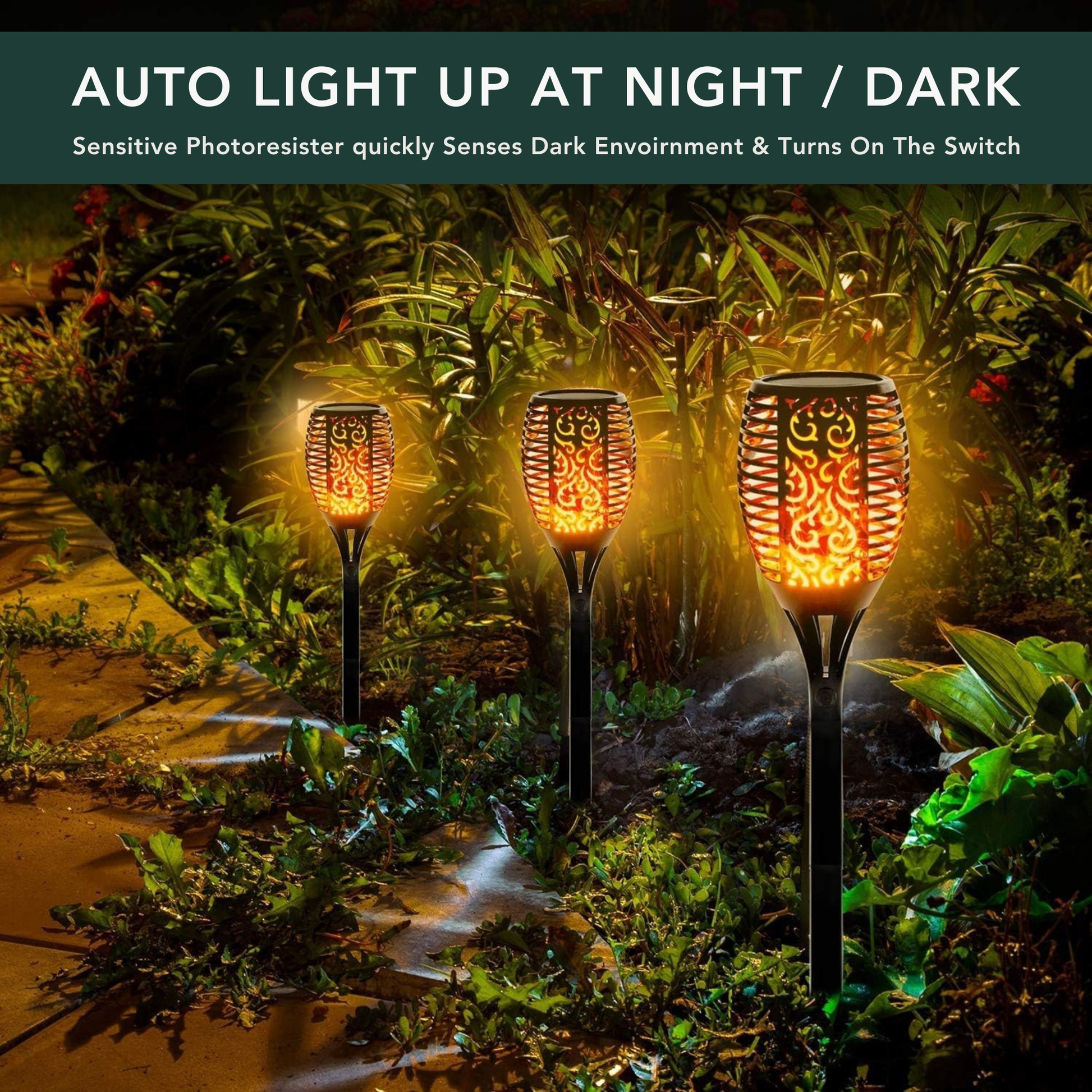 UBliss Solar Flame Lights – 96 LEDs per Light, Real Flickering Flame Effect, Solar Powered & Rechargeable, IP65 Waterproof Outdoor Garden Pathway Lights