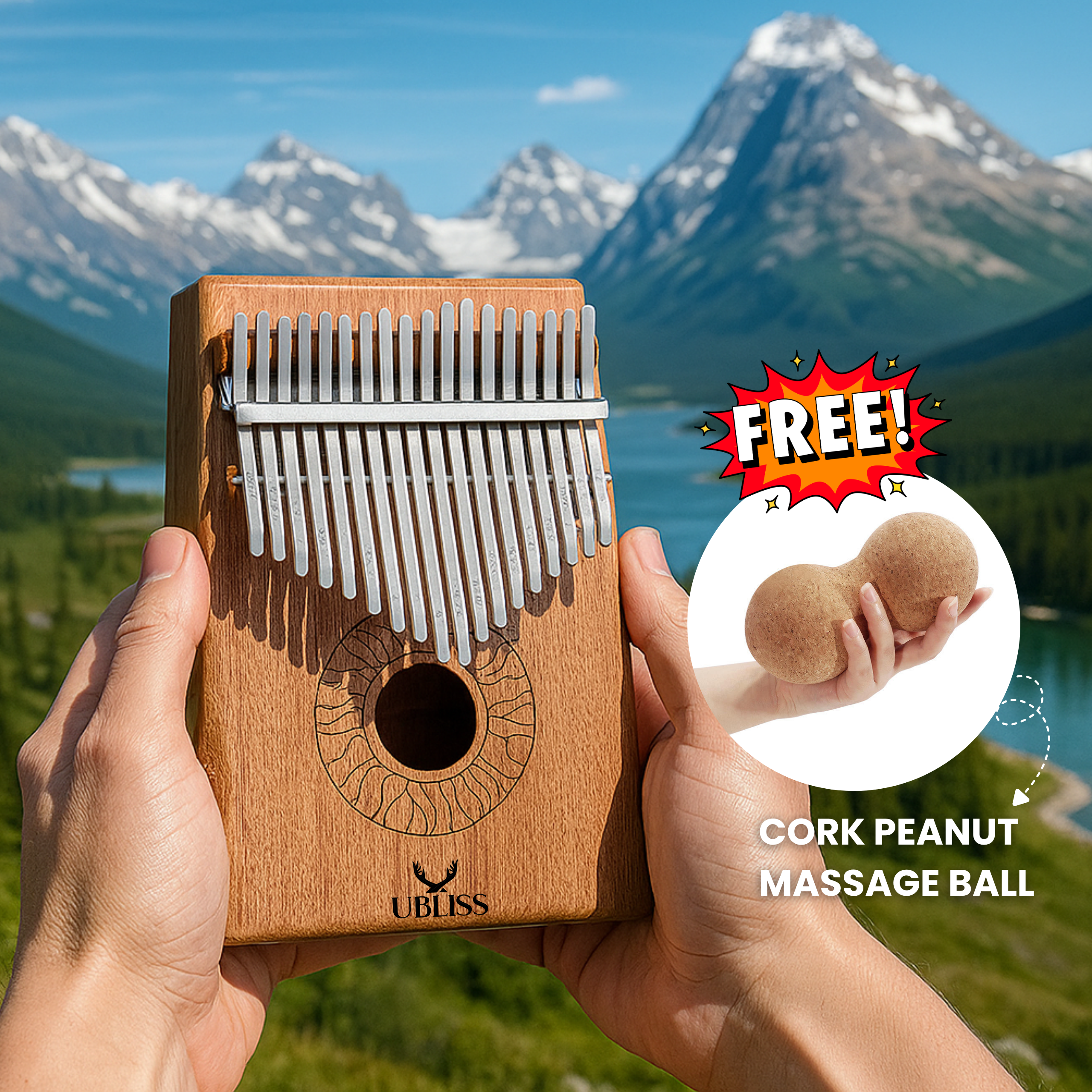 Ubliss 17-Key Kalimba Thumb Piano with FREE Cork Peanut Massage Ball | Premium Wooden Instrument for Relaxing Music & Stress Relief
