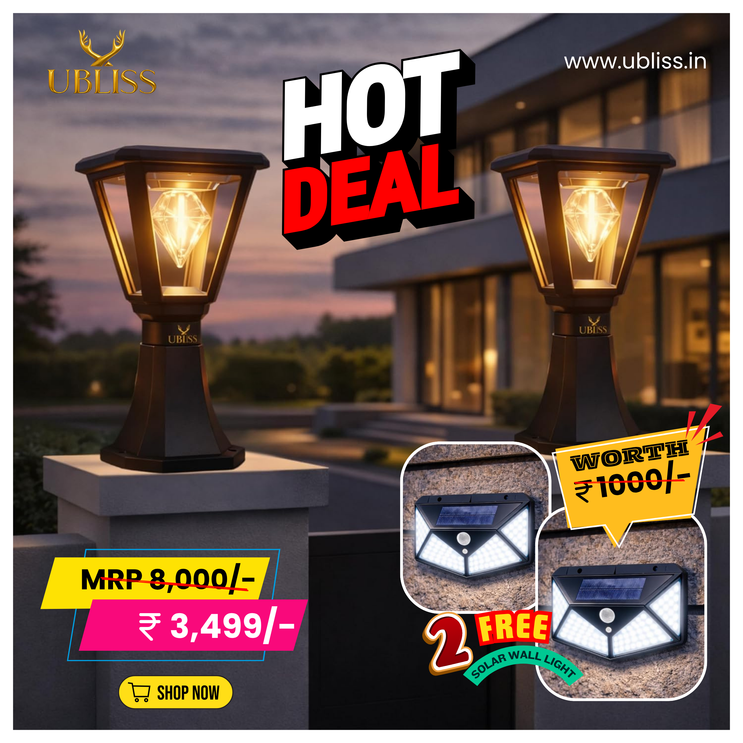 UBliss Diamond Cube Solar LED Garden Light | Outdoor Waterproof Decorative Pathway Lamp for Gate, Pillar, Lawn, Balcony & Garden | Warm White Solar Powered Light