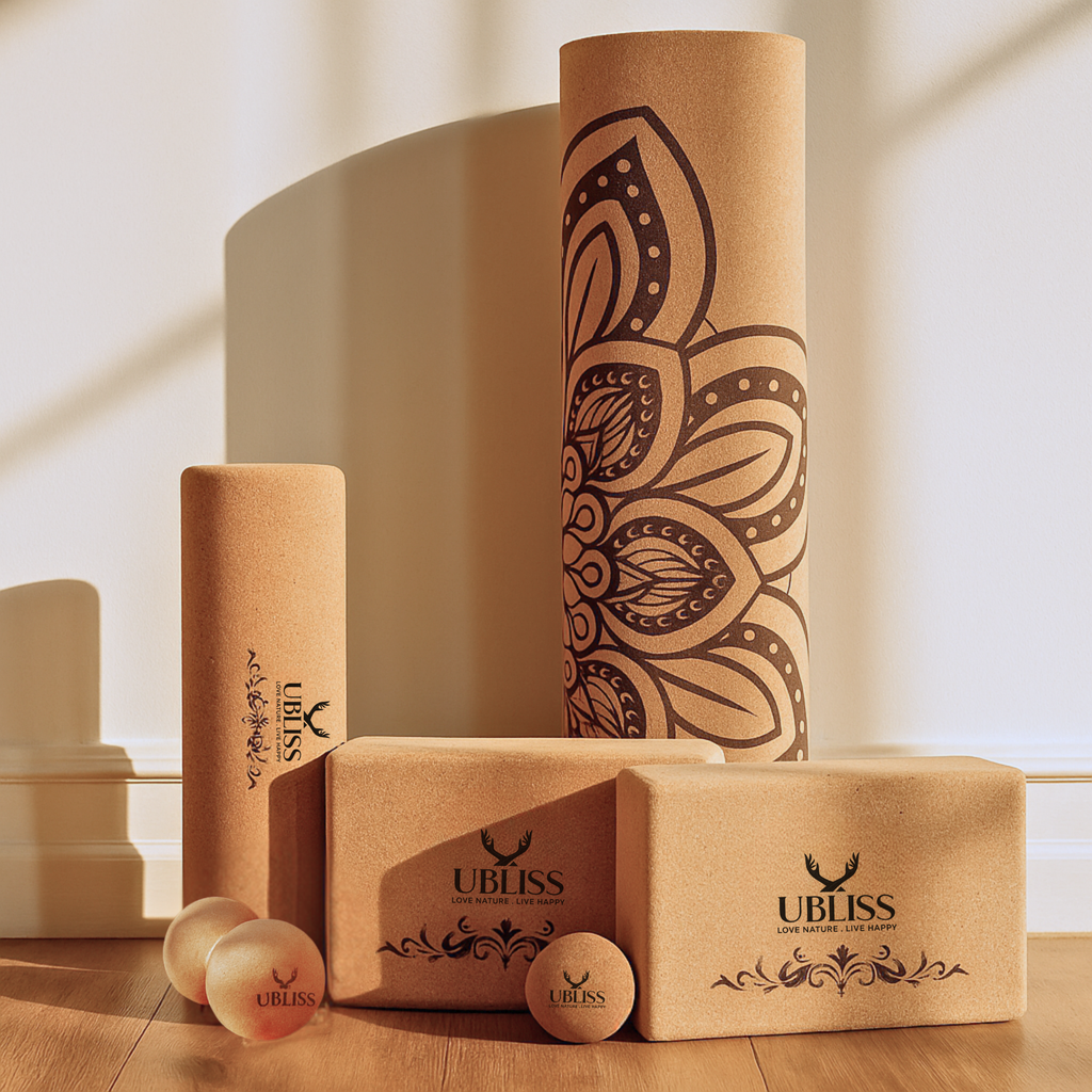 UBliss Ultimate Cork Yoga Combo Set – Extra-Wide Mat, 2 Yoga Blocks, Roller, 2 Massage Balls & Peanut Ball for Full-Body Support & Recovery