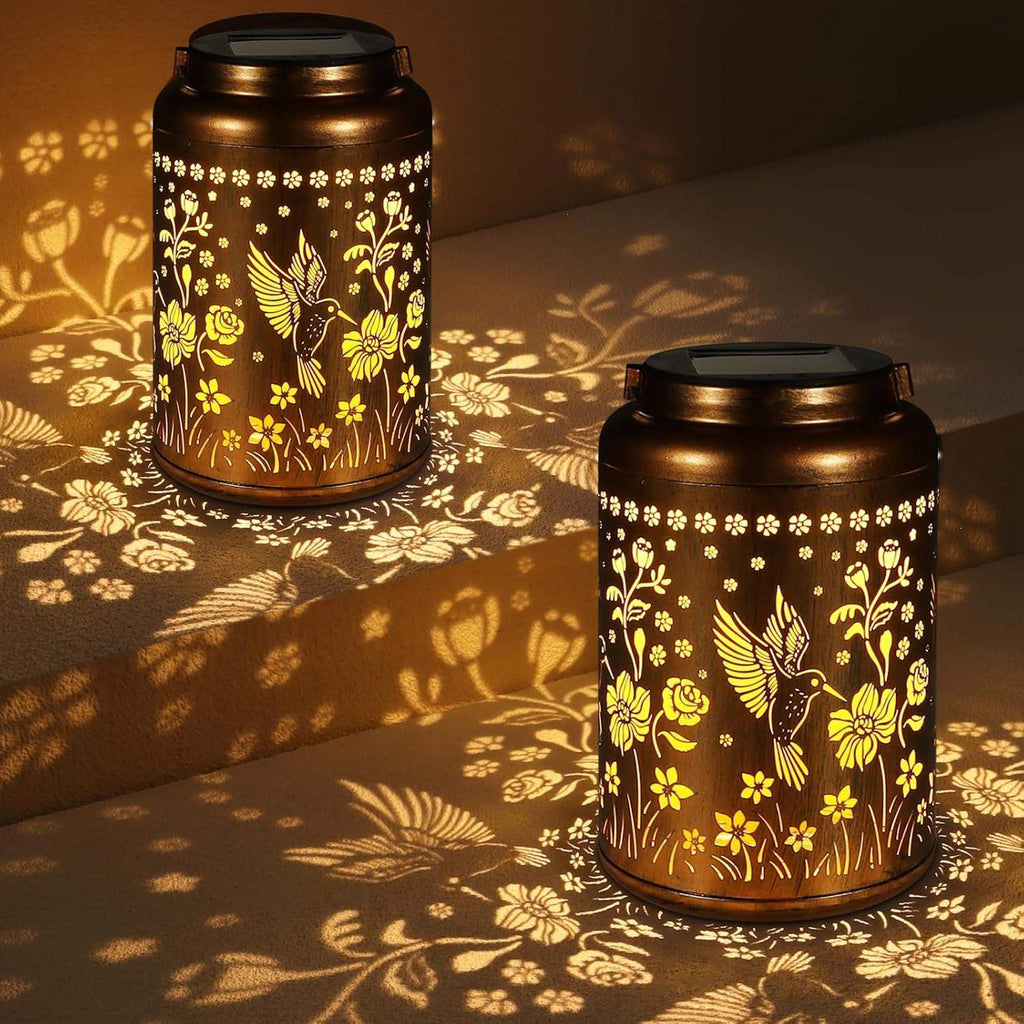 Solar Hanging Lantern Outdoor Waterproof, Metal Jar Light with Hummingbird Floral Cut Design