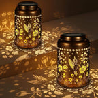 Solar Hanging Lantern Outdoor Waterproof, Metal Jar Light with Hummingbird Floral Cut Design