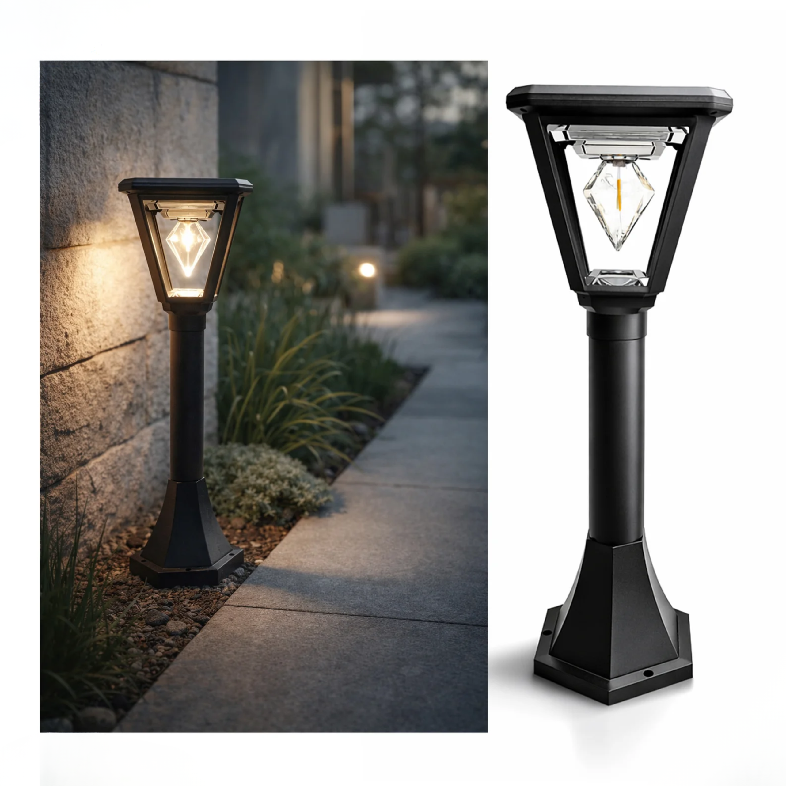 UBliss Diamond Cube Solar Powered Outdoor Bollard Gate Light | Decorative | LED Warm White | Waterproof Garden, Fence & Pillar Lamp