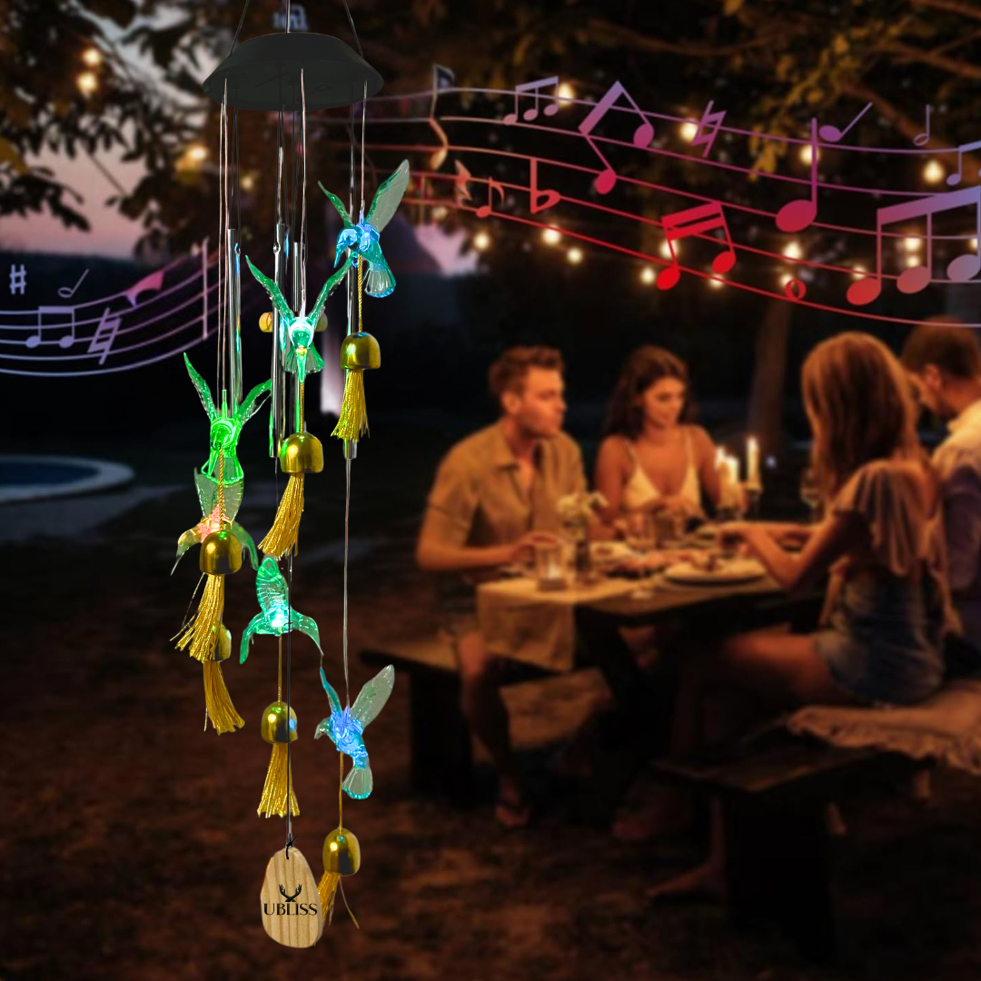 UBliss Solar Hummingbird Wind Chime with Bells – Color-Changing LED Lights for Garden & Balcony Decor (Green)