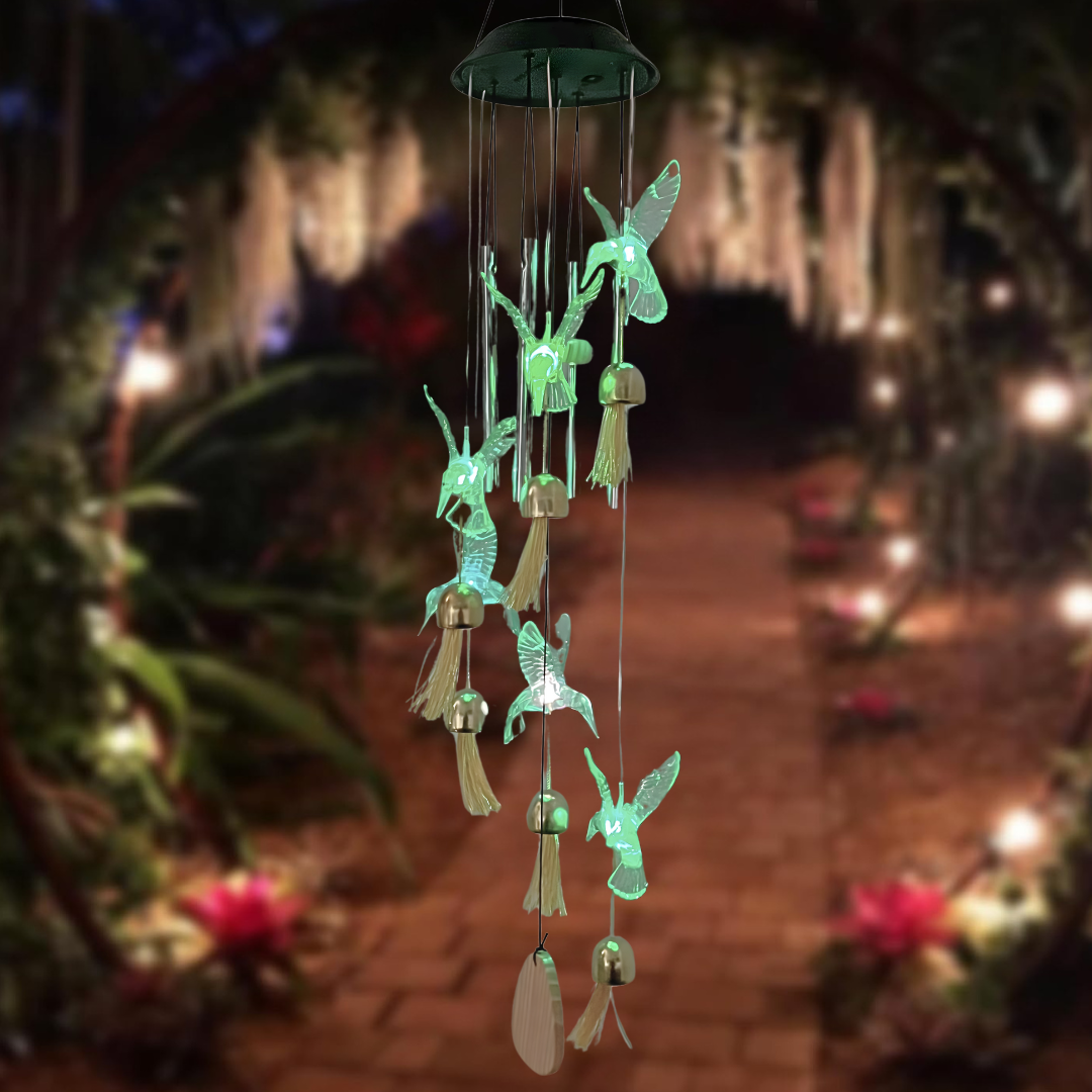UBliss Solar Hummingbird Wind Chime with Bells – Color-Changing LED Lights for Garden & Balcony Decor (Green)