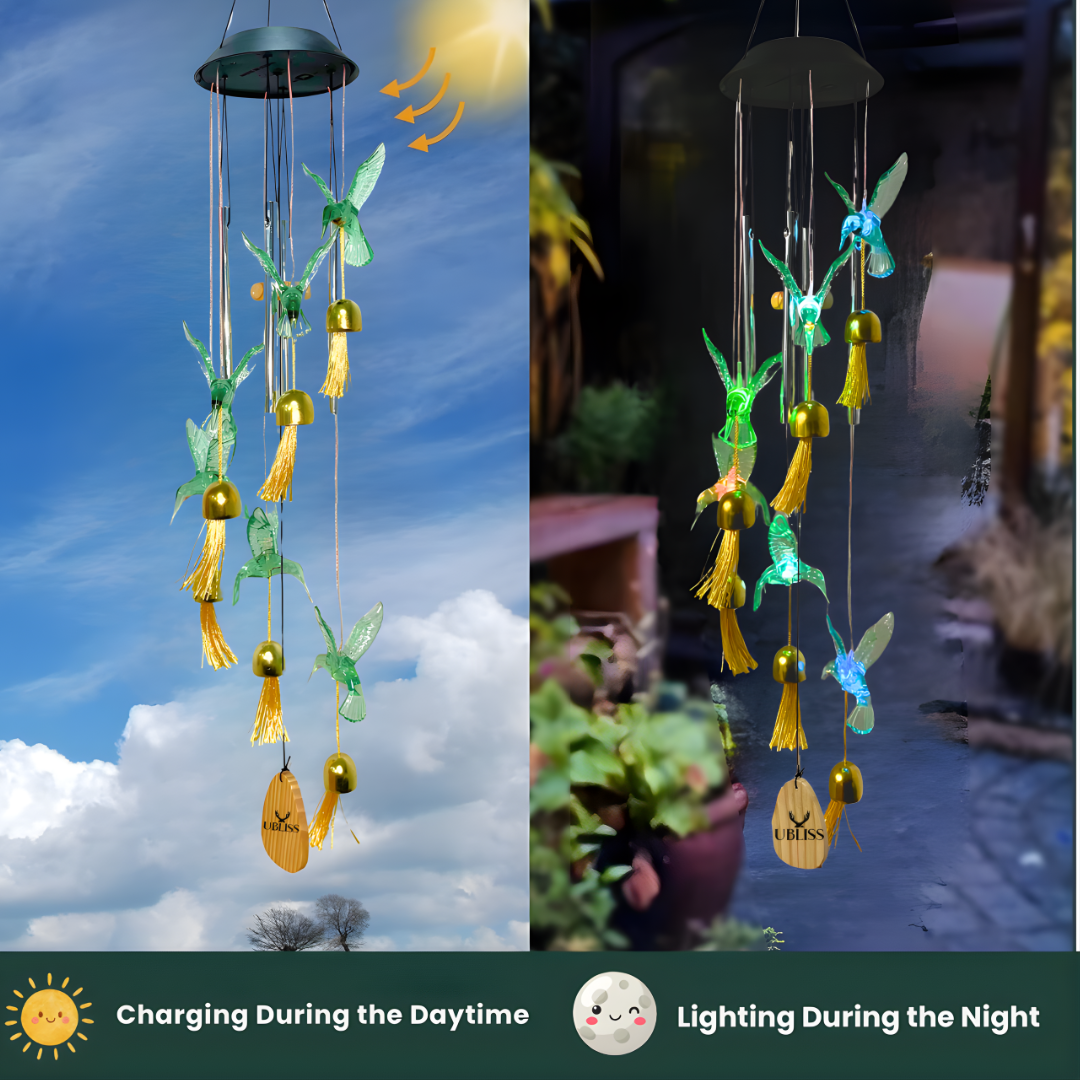 UBliss Solar Hummingbird Wind Chime with Bells – Color-Changing LED Lights for Garden & Balcony Decor (Green)