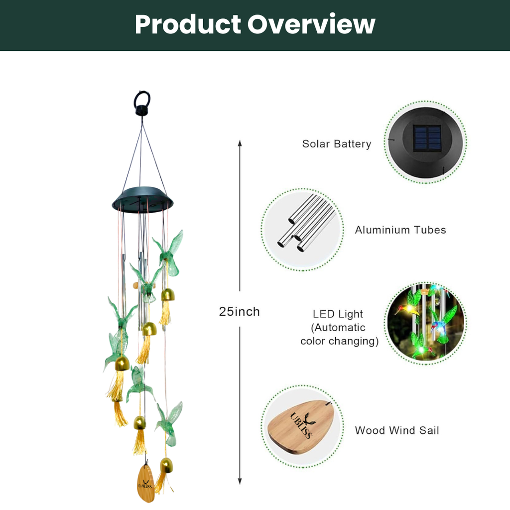 UBliss Solar Hummingbird Wind Chime with Bells – Color-Changing LED Lights for Garden & Balcony Decor (Green)