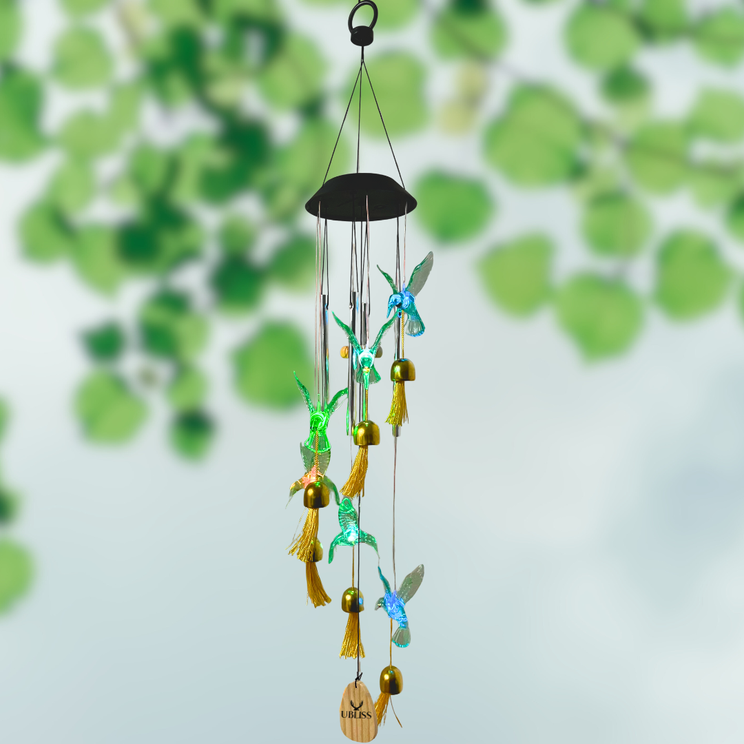 UBliss Solar Hummingbird Wind Chime with Bells – Color-Changing LED Lights for Garden & Balcony Decor (Green)