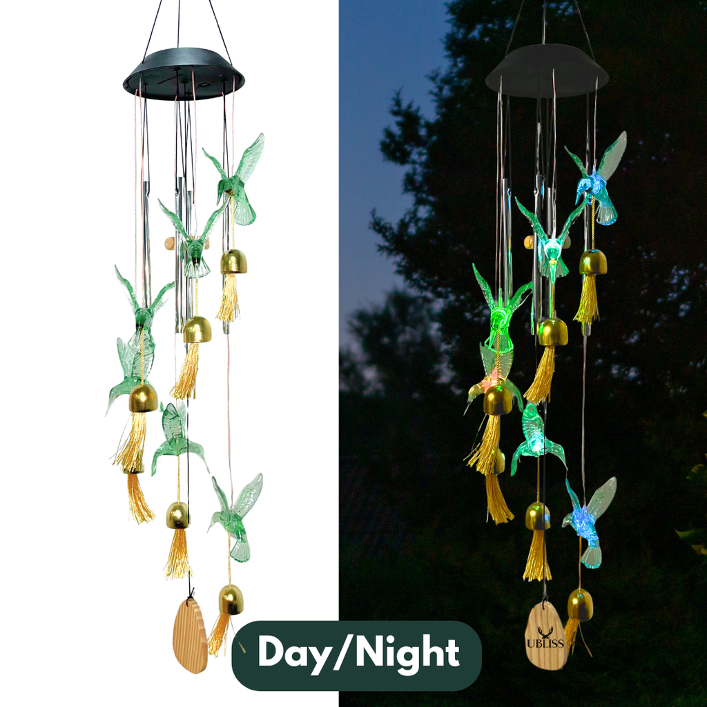 UBliss Solar Hummingbird Wind Chime with Bells – Color-Changing LED Lights for Garden & Balcony Decor (Green)