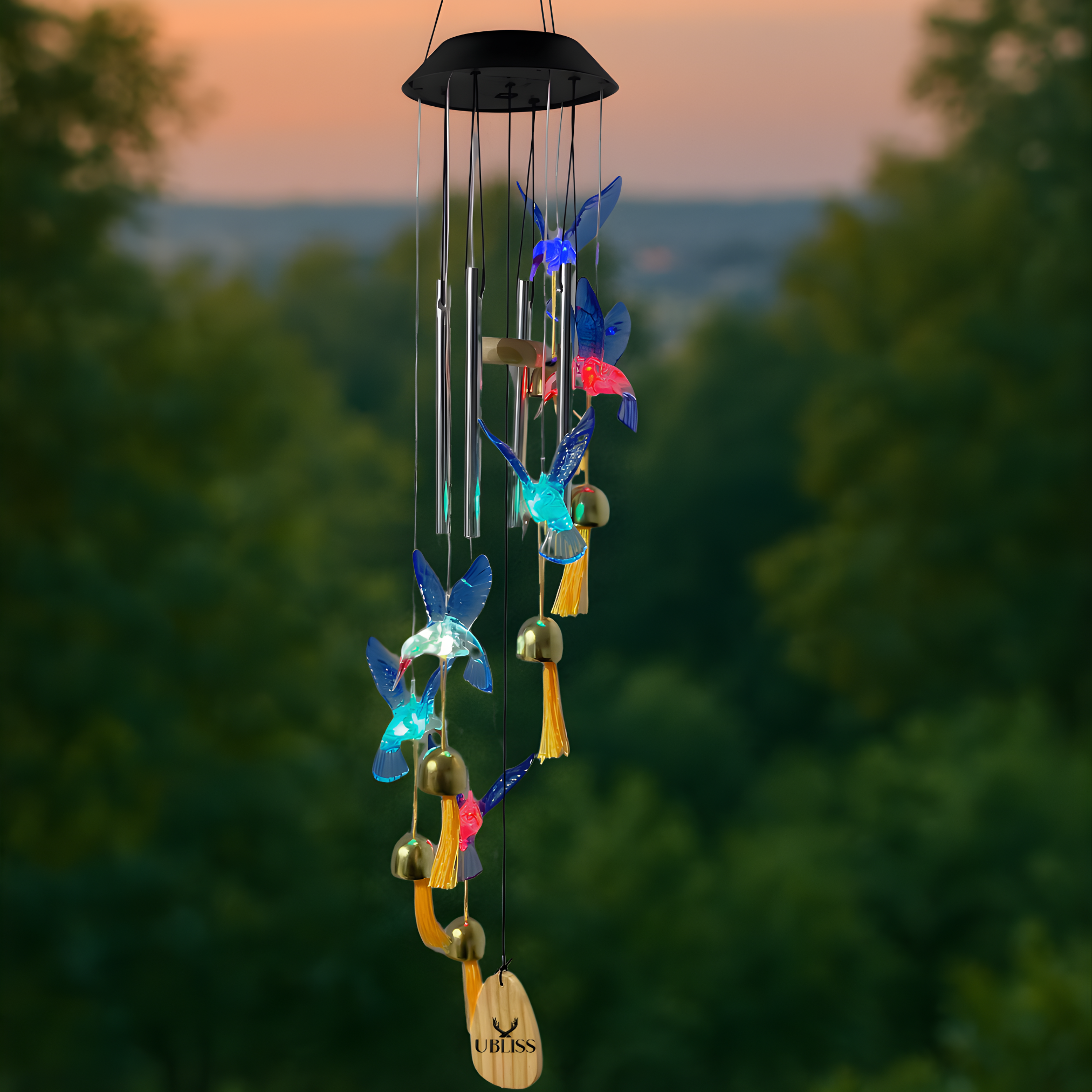 UBliss Solar Hummingbird Wind Chime with Bells – Color-Changing LED Lights for Garden & Balcony Decor (Blue)