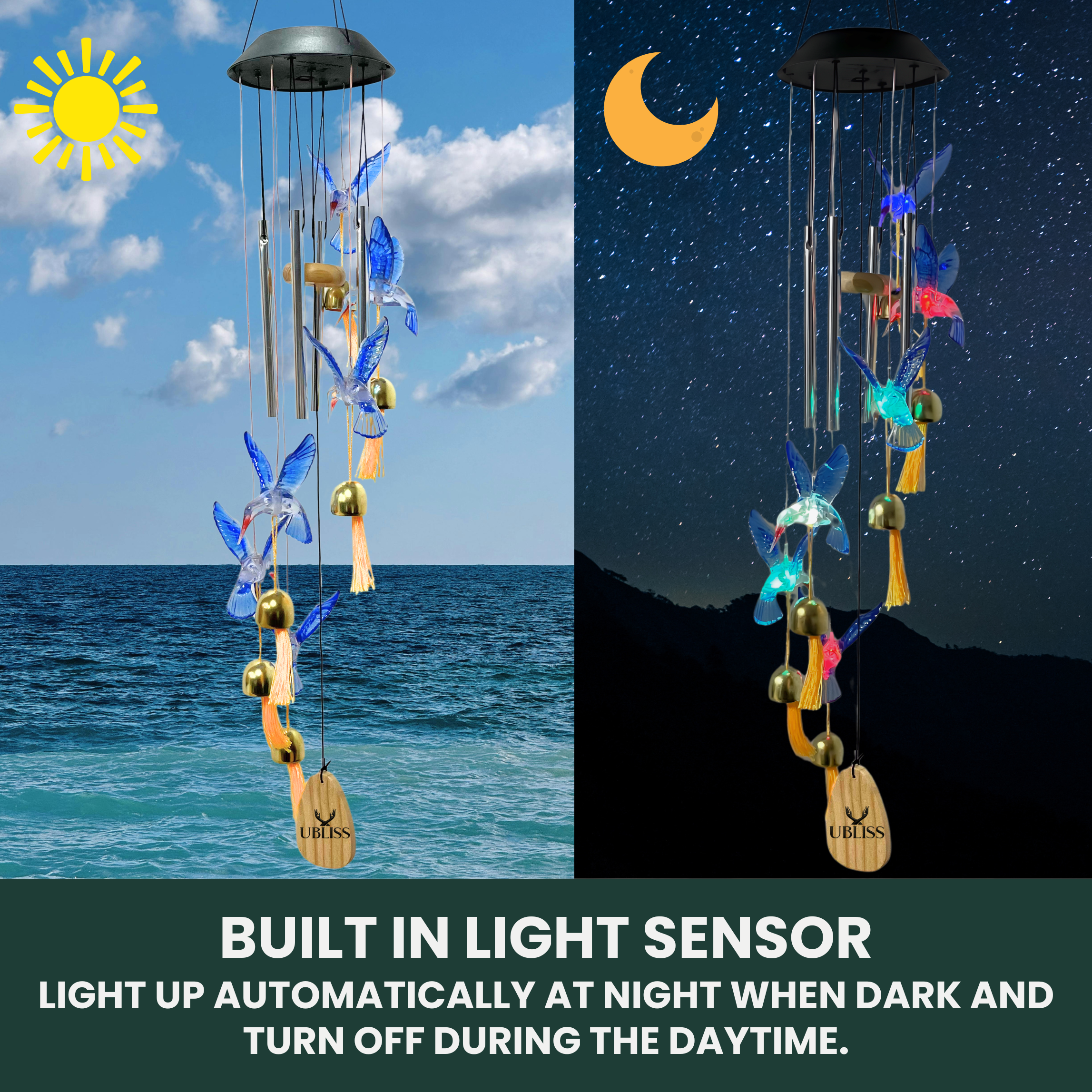 UBliss Solar Hummingbird Wind Chime with Bells – Color-Changing LED Lights for Garden & Balcony Decor (Blue)