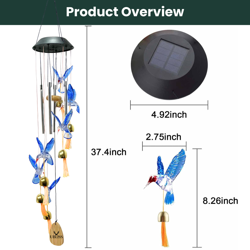 UBliss Solar Hummingbird Wind Chime with Bells – Color-Changing LED Lights for Garden & Balcony Decor (Blue)
