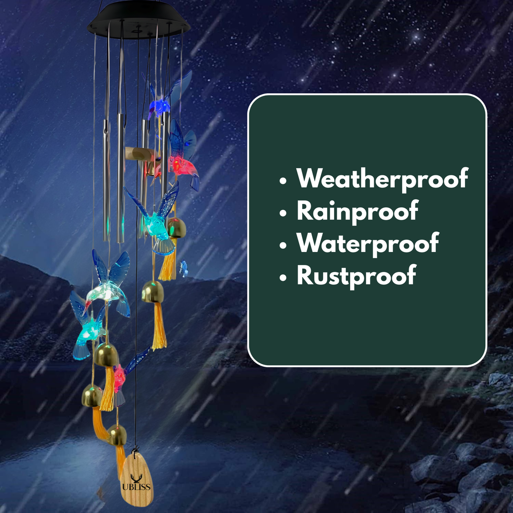 UBliss Solar Hummingbird Wind Chime with Bells – Color-Changing LED Lights for Garden & Balcony Decor (Blue)