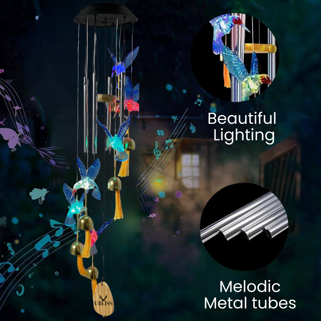 UBliss Solar Hummingbird Wind Chime with Bells – Color-Changing LED Lights for Garden & Balcony Decor (Blue)