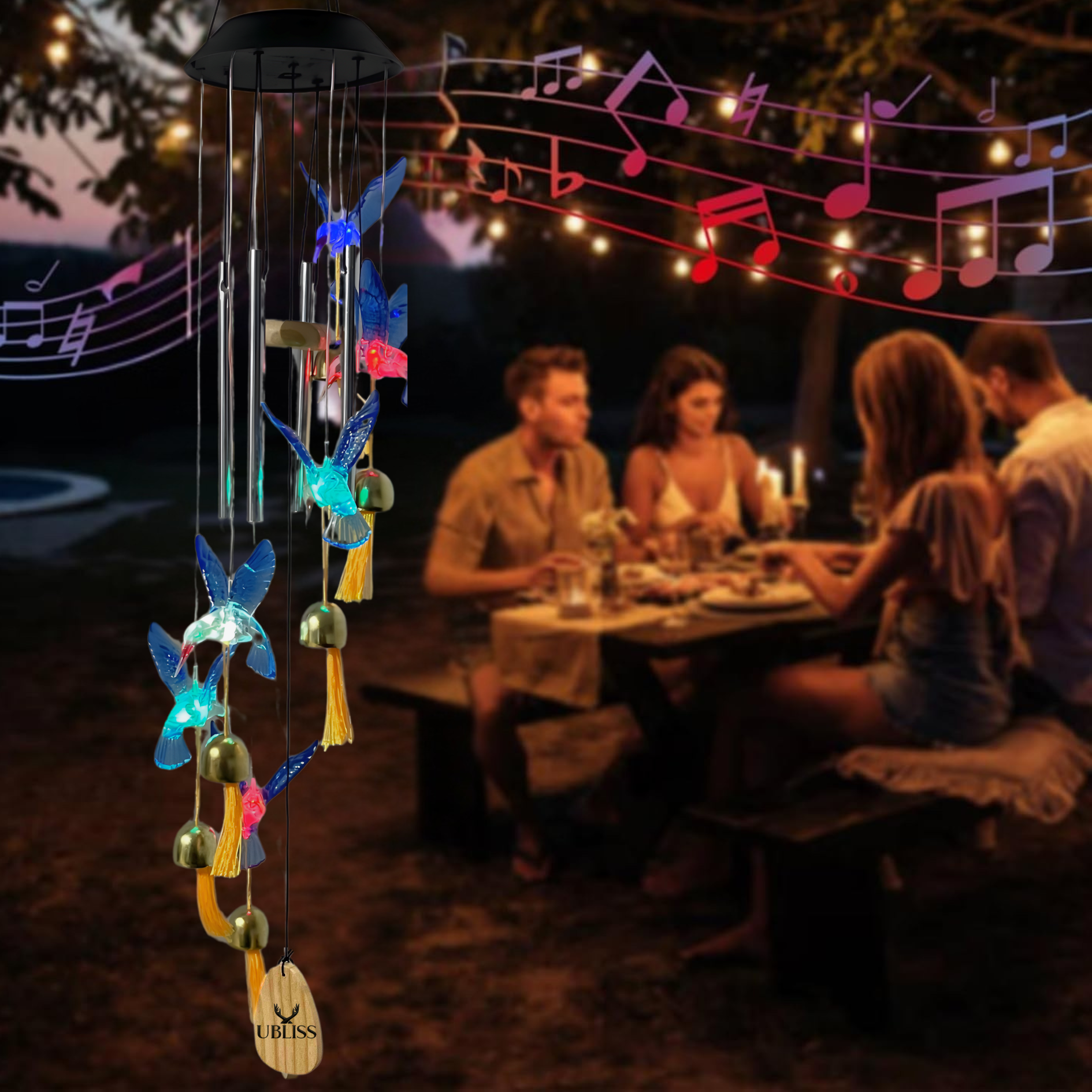 UBliss Solar Hummingbird Wind Chime with Bells – Color-Changing LED Lights for Garden & Balcony Decor (Blue)