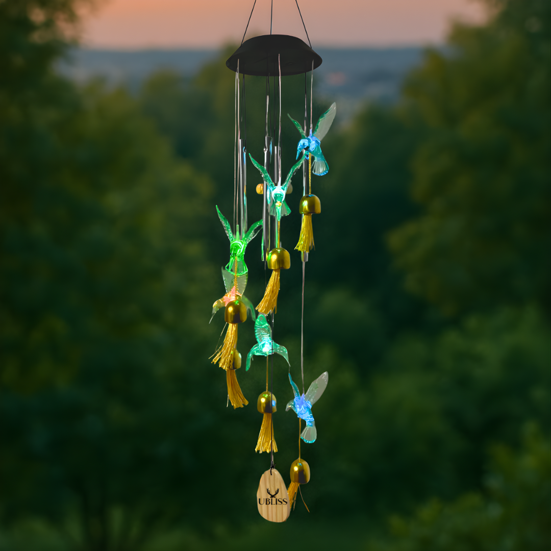 UBliss Solar Hummingbird Wind Chime with Bells – Color-Changing LED Lights for Garden & Balcony Decor (Green)