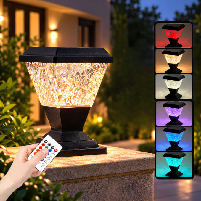 RGB Solar Pillar Lamp with Remote Control P65 Waterproof, Auto On/Off Dusk to Dawn, Wireless Solar Lamp for Gate Post, Boundary Wall, Garden, Balcony