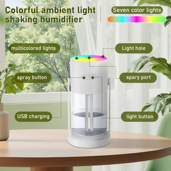 Portable Mini Humidifier with Laser Star Projector, 360° Adjustable Mist, 7-Color RGB Ambient Light.
