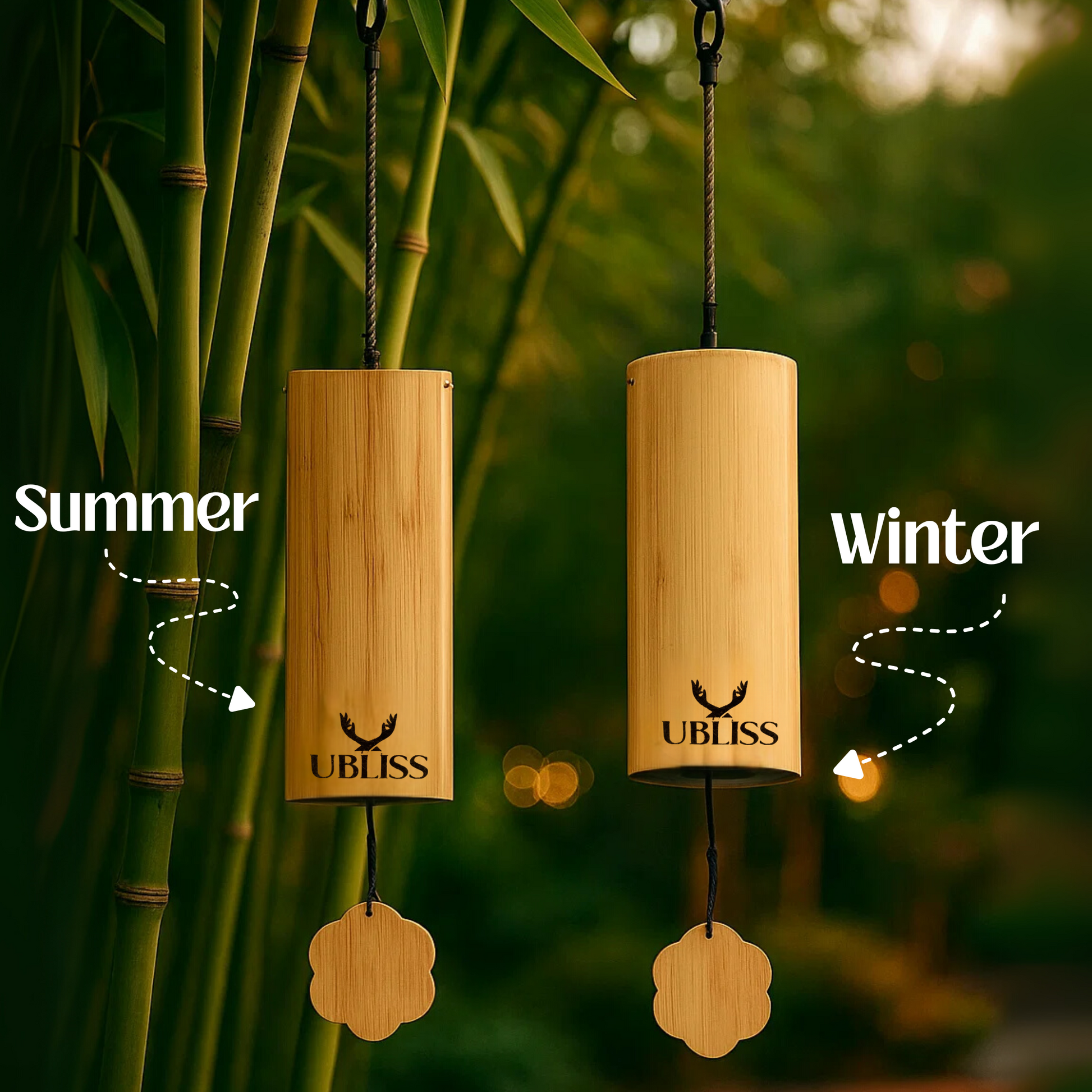 UBliss Bamboo Wind Chime Combo Pack Of 2 (Winter + Summer) – Handcrafted Natural Chimes with Relaxing Sound, Perfect for Garden, Balcony, Meditation & Outdoor Home Decor
