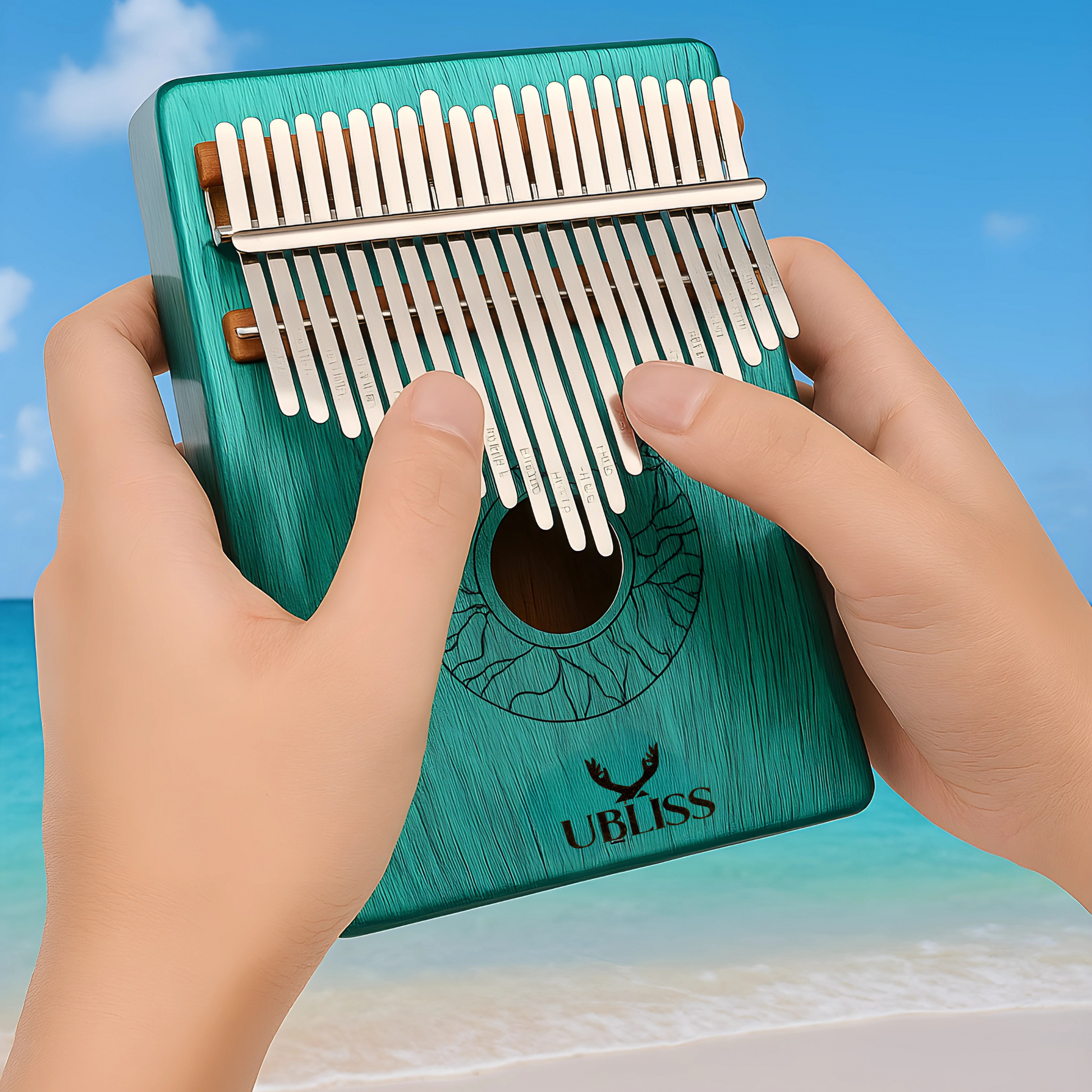 UBliss Kalimba 21 Key Mahogany Wood Thumb Piano | Blue Paint Color | Soft Melodic Tone | Carry Bag & Learning Guide | Portable Musical Instrument for Relaxation, Meditation & Beginners.